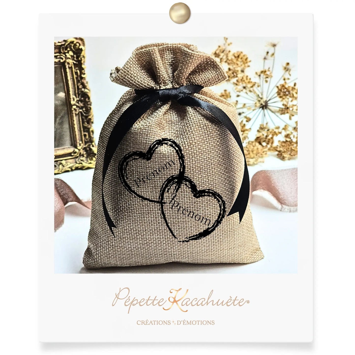 MINI POCHON COEURS ENTRELACES PRENOMS PEPETTE KACAHUETE DECORATRICE DE DECORATIONS LUMINEUSES PERSONNALISEES VALENCE DROME