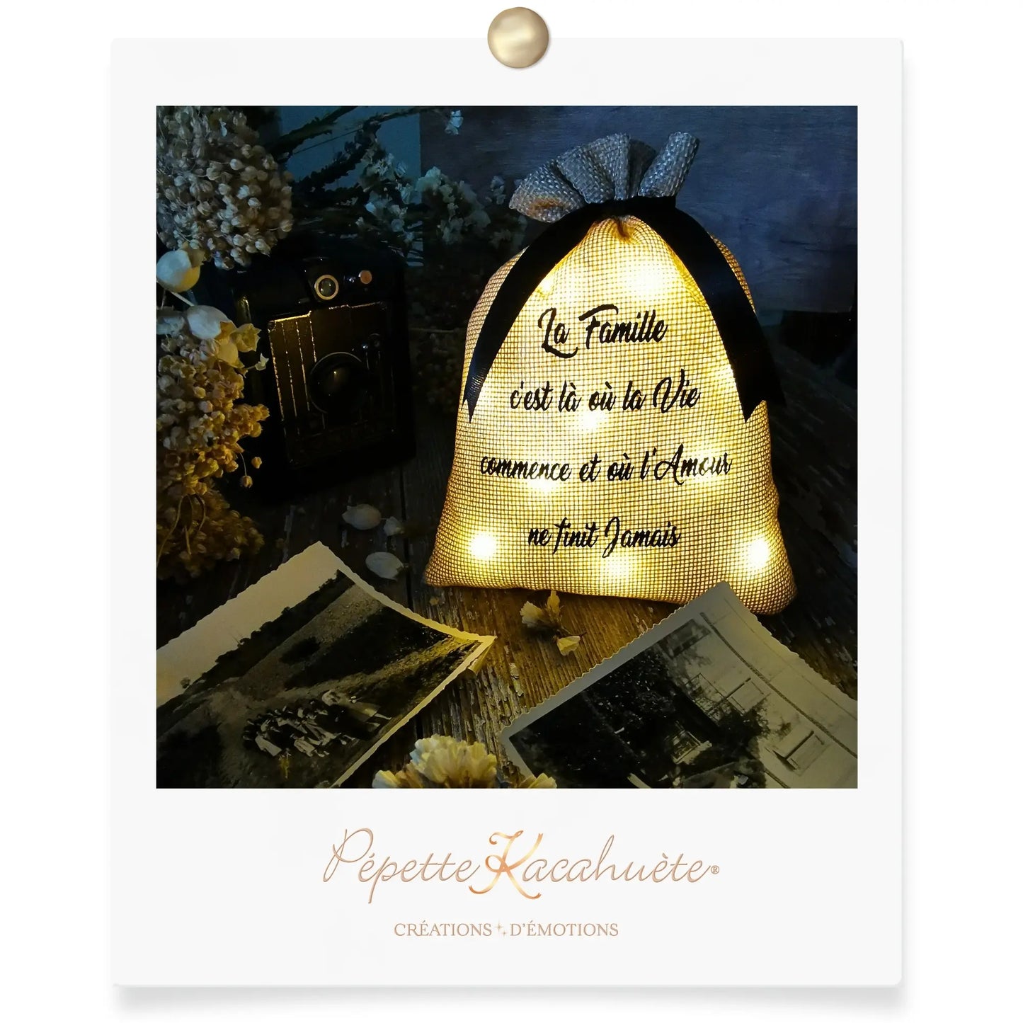 MINI POCHON FAMILLE PEPETTE KACAHUETE DECORATRICE DE DECORATIONS LUMINEUSES PERSONNALISEES VALENCE DROME