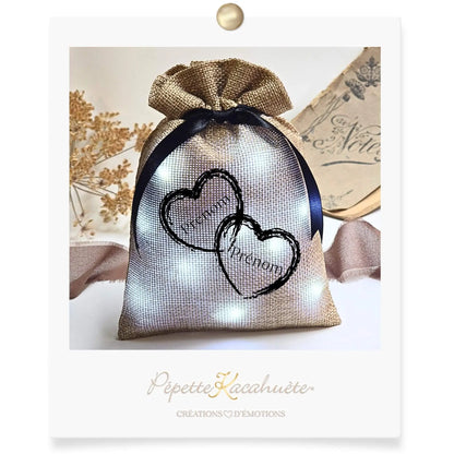MINI POCHON LUMINEUX COEURS ENTRELACES PRENOMS