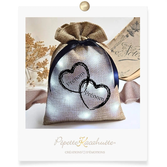 MINI POCHON LUMINEUX COEURS ENTRELACES PRENOMS